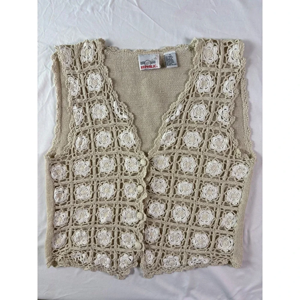 Vintage 90s Crochet Floral Vest Women S Neutral Boho Cottagecore Country Prairie